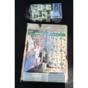 Bacova Log Cabin Mountain OUTDOORSMAN SHOWER Curtain & Matching 12 Hooks New!